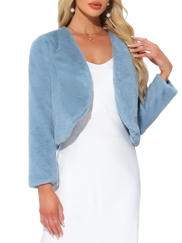 Allegra K Damen Langarm Kurze Jacke Kunstpelz Offen Front Crop Fell Hochzeits Braut Winterjacke Grau Blau S von Allegra K