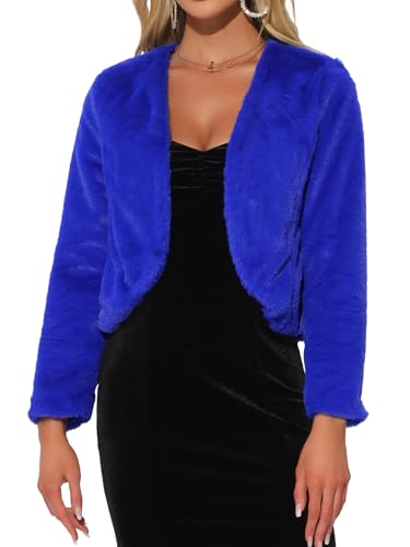 Allegra K Damen Langarm Kurze Jacke Kunstpelz Offen Front Crop Fell Hochzeits Braut Winterjacke Königsblau M von Allegra K