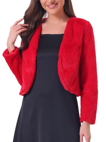 Allegra K Damen Langarm Kurze Jacke Kunstpelz Offen Front Crop Fell Hochzeits Braut Winterjacke Rot M von Allegra K