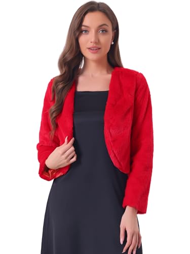 Allegra K Damen Langarm Kurze Jacke Kunstpelz Offen Front Crop Fell Hochzeits Braut Winterjacke Rot XS von Allegra K
