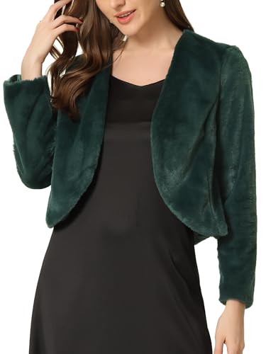 Allegra K Damen Weihnachten Langarm Kurze Jacke Kunstpelz Offen Front Crop Fell Hochzeits Braut Winterjacke Dunkelgrün XS von Allegra K