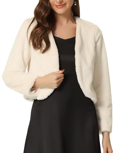 Allegra K Damen Langarm Kurze Jacke Kunstpelz Offen Front Crop Fell Hochzeits Braut Winterjacke Beige M von Allegra K