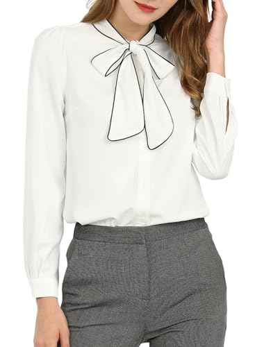 Allegra K Damen Oberteil Langarm Krawatten Ausschnitt Colorblock Business Top Bluse Shirt Weiß M von Allegra K