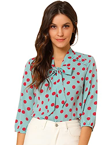 Allegra K Damen 3/4 Ärmel Schluppenbluse Schleife Retro Oberteil Polka Dots Rüschen Elegant Top Blau XL von Allegra K