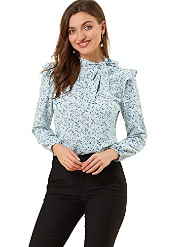 Allegra K Damen Bluse Langarm Blumen Schleife Shirt Krawatte Rüschen Oberteil Blau M von Allegra K