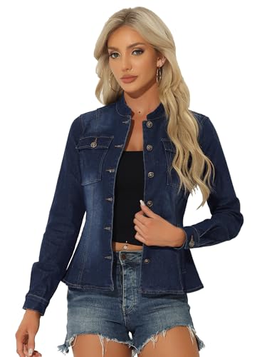 Allegra K Damen Langarm Lässig Jeansjacke Klassische Stehkragen Jeansjacken Jacke Dunkelblau XS von Allegra K