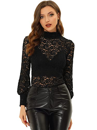 Allegra K Damen Dirndlblusen Langarm Durchsichtig Spitze Oberteil Mesh Lace Hochgeschlossene Top Bluse Schwarz L von Allegra K