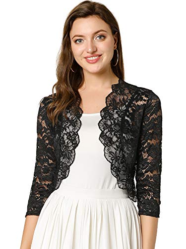 Allegra K Damen Spitzen Shrug Vorne Offen Hochzeit Bolero Strickjacke Festlich 3/4 Ärmel Crop Cardigan Schwarz L von Allegra K