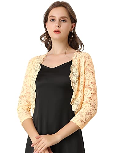 Allegra K Damen Spitzen Shrug Vorne Offen Hochzeit Bolero Strickjacke Festlich 3/4 Ärmel Crop Cardigan Beige S von Allegra K