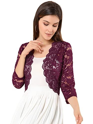 Allegra K Damen Spitzen Festlich Bolero 3/4 Ärmel Hochzeit Strickjacke Vorne Offen Crop Cardigan Shrug Burgund L von Allegra K