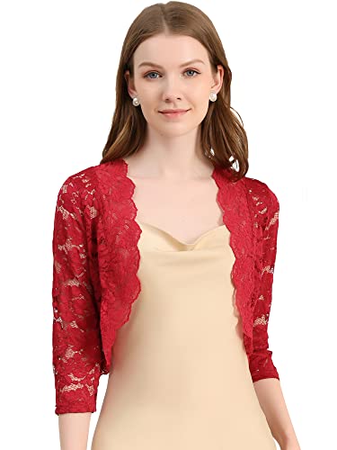 Allegra K Damen Spitzen Shrug Vorne Offen Hochzeit Bolero Strickjacke Festlich 3/4 Ärmel Crop Cardigan Tiefrot L von Allegra K