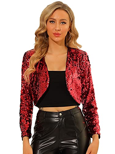 Allegra K Damen Glitzer Blazer Festliche Langarm Offen Pailletten Crop Jacke Rot L von Allegra K