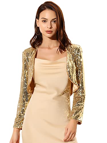 Allegra K Damen Glitzer Blazer Festliche Langarm Offen Pailletten Crop Jacke Gold L von Allegra K