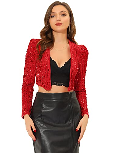 Allegra K Damen Pailletten Jacke Langarm Party Club Offen Glitzer Cardigan Kurzjacke Glitzer Bolero Rot L von Allegra K