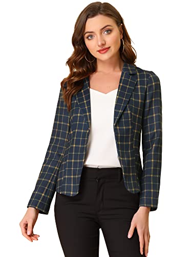 Allegra K Damen Sakko Langarm Gekerbter Kragen Elegant Offen Blazer Jacke Dunkelblau-kariert XS von Allegra K