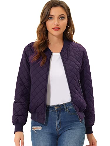 Allegra K Damen Langarm Diamond Gesteppte Jacke Reißverschluss Bomberjacke Casual Jacke Dunkel Lila XL von Allegra K