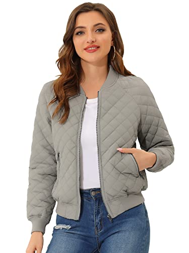 Allegra K Damen Langarm Diamond Gesteppte Jacke Reißverschluss Bomberjacke Casual Jacke Grau M von Allegra K