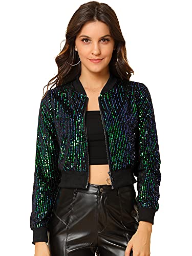 Allegra K Damen Pailletten Jacke Langarm Reißverschluss Crop Glitzer Sequin Bomberjacke Grün XL von Allegra K