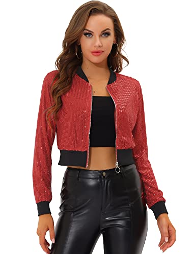 Allegra K Damen Pailletten Jacke Langarm Reißverschluss Crop Glitzer Sequin Bomberjacke Rote XL von Allegra K