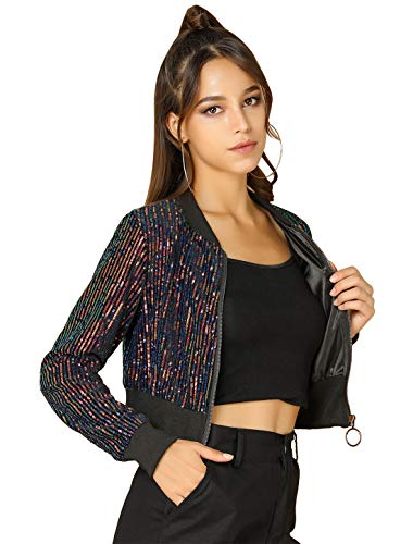 Allegra K Damen Pailletten Jacke Langarm Reißverschluss Crop Glitzer Sequin Bomberjacke Schwarz Rot M von Allegra K