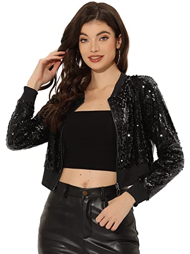 Allegra K Damen Pailletten Jacke Langarm Reißverschluss Crop Glitzer Sequin Bomberjacke Schwarz M von Allegra K