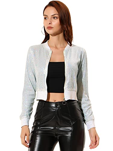 Allegra K Damen Pailletten Jacke Langarm Reißverschluss Crop Glitzer Sequin Bomberjacke Weiß XL von Allegra K