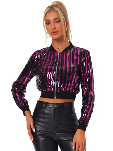 Allegra K Damen Langarm Reißverschluss Glitzer Pailletten Festival Party Bomberjacke Crop Jacke Fuchsia XS von Allegra K