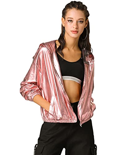 Allegra K Damen Bluson Langarm Metallic Jacke Holographic Party Reißverschluss Kapuzenjacke Rose Gold L von Allegra K