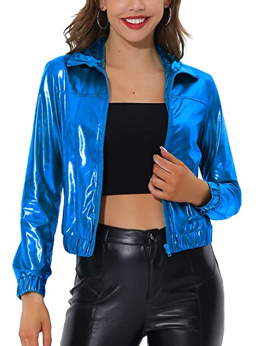 Allegra K Damen Party Blouson Langarm Reißverschluss Club Holographic Metallic Jacke Blau M von Allegra K