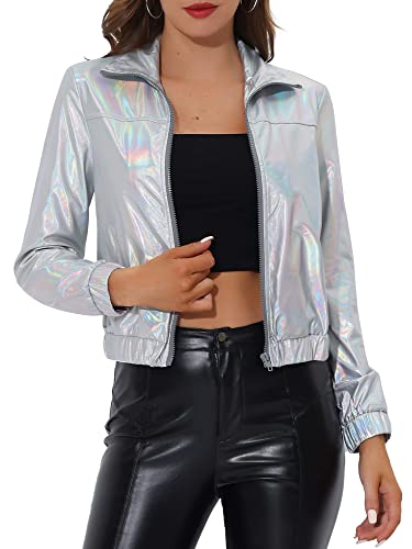 Allegra K Damen Party Blouson Langarm Reißverschluss Club Holographic Metallic Jacke Helles Silber L von Allegra K