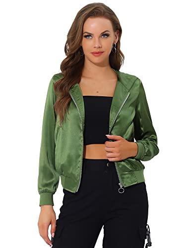 Allegra K Damen Hoodie Langarm Reißverschluss Metallic Bomberjacke Satin Jacke Grün S von Allegra K