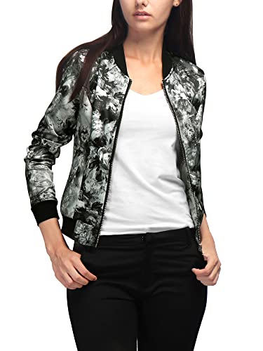 Allegra K Damen Frühling Sommer Bomberjacke Blumenmuster Reißverschluss Jacket Grau XL von Allegra K