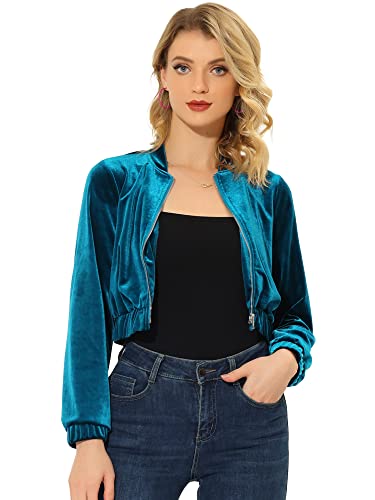 Allegra K Damen Langarm Reißverschluss Stretch Leichte Velvet Kurze Club Party Crop Jacke Meerblau M von Allegra K