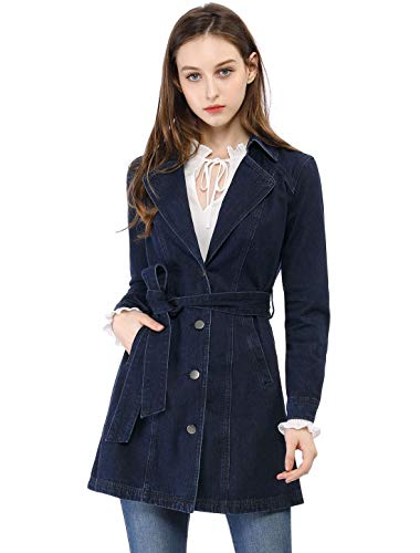 Allegra K Damen Langarm Umlegekragen Button Bindegürtel Jeans Trenchcoat Mantel Dunkelblau M von Allegra K