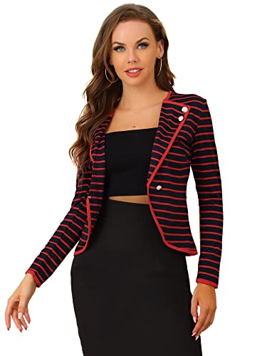 Allegra K Damen Langarm Revers Button Streifen Crop Blazer Jacke Rot Blau XS von Allegra K