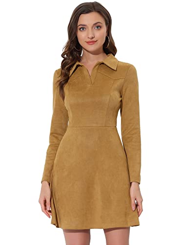 Allegra K Damen Langarm Reverskragen Faux Wildleder A-Linien Minikleid Kleid Khaki S von Allegra K