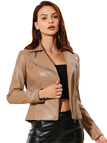 Allegra K Damen Langarm Reverskragen Reißverschluss PU Lederjacke Jacke Khaki S von Allegra K