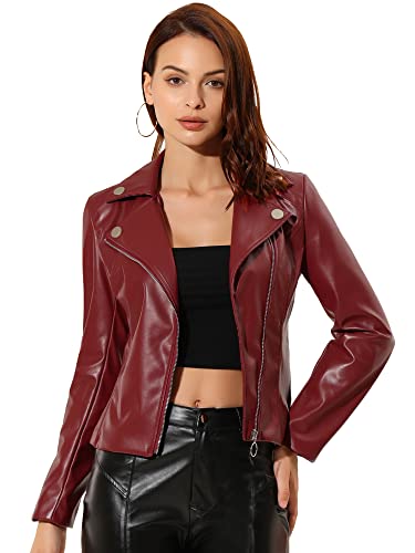 Allegra K Damen Langarm Reverskragen Reißverschluss PU Lederjacke Jacke Rot S von Allegra K