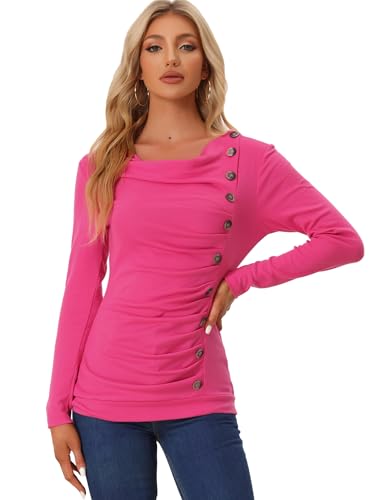 Allegra K Damen Langarm Rollkragen Button Ruffle Top Tunika Fuchsienrosa XS von Allegra K