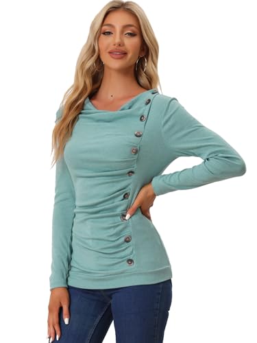 Allegra K Damen Langarm Rollkragen Button Ruffle Top Tunika Minzgrün XS von Allegra K