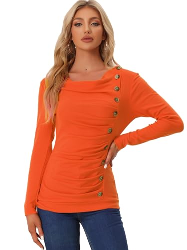 Allegra K Damen Langarm Rollkragen Button Ruffle Top Tunika Orange XS von Allegra K