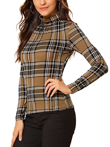 Allegra K Damen Pullover Langarm Rollkragen Slim Fit Herbst Winter Kariert Top Bluse Oberteil Braun M von Allegra K