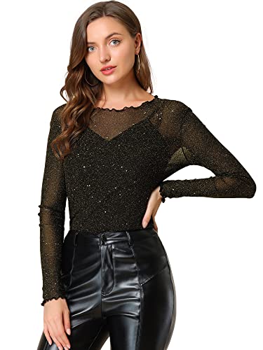 Allegra K Damen Glitzer Oberteil Party Langarm Rüschen Durchsichtig Mesh Shirt Bluse Schwarzes Gold L von Allegra K