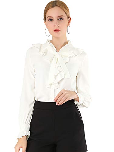 Allegra K Damen Langarm Rüschen Krawatte Hals Knopfleiste Shirt Top Bluse Weiß M von Allegra K