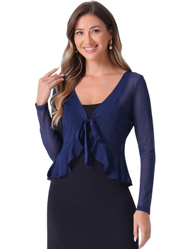 Allegra K Damen Langarm Rüschen Shrug Cardigan Mesh Durchsichtig Bindeband Bolero Dunkelblau XL von Allegra K