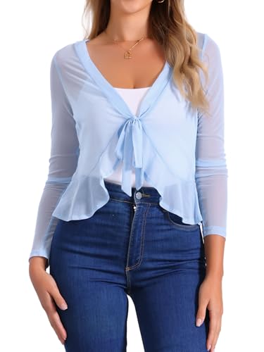 Allegra K Damen Langarm Rüschen Shrug Cardigan Mesh Durchsichtig Bindeband Bolero Hellblau M von Allegra K