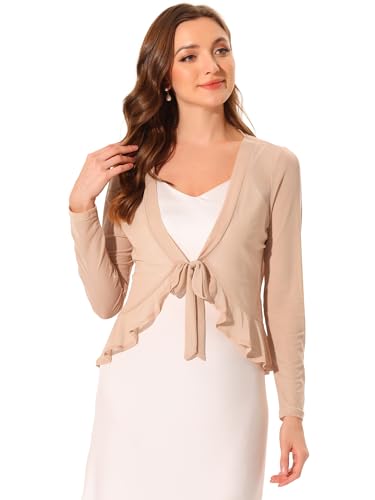 Allegra K Damen Langarm Rüschen Shrug Cardigan Mesh Durchsichtig Bindeband Bolero Khaki XL von Allegra K