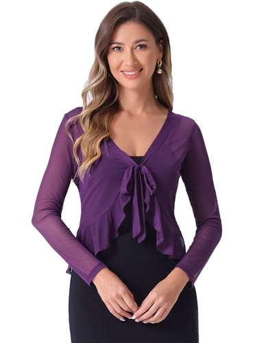 Allegra K Damen Langarm Rüschen Shrug Cardigan Mesh Durchsichtig Bindeband Bolero Lila M von Allegra K