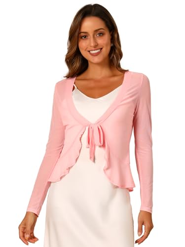 Allegra K Damen Langarm Rüschen Shrug Cardigan Mesh Durchsichtig Bindeband Bolero Rosa M von Allegra K