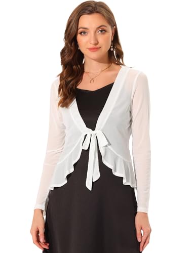 Allegra K Damen Langarm Rüschen Shrug Cardigan Mesh Durchsichtig Bindeband Bolero Weiß M von Allegra K